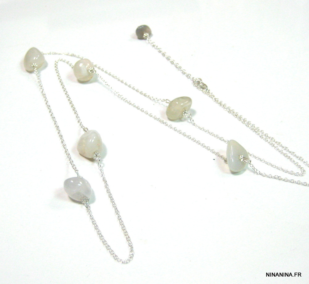 Collier Sautoir En Argent Massif 925 Avec Agate Et Perles De Verre - Occasion