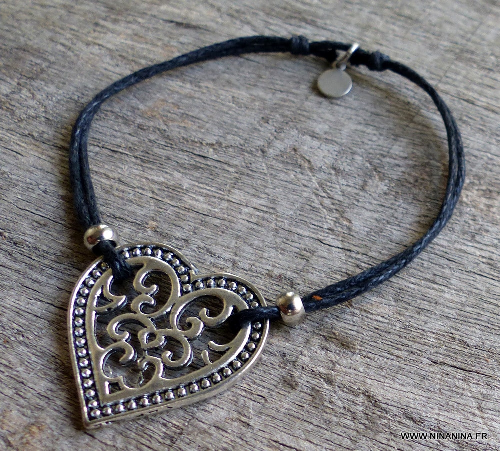 Bracelet femme fantaisie cordon réglable coeur argenté – Image 4