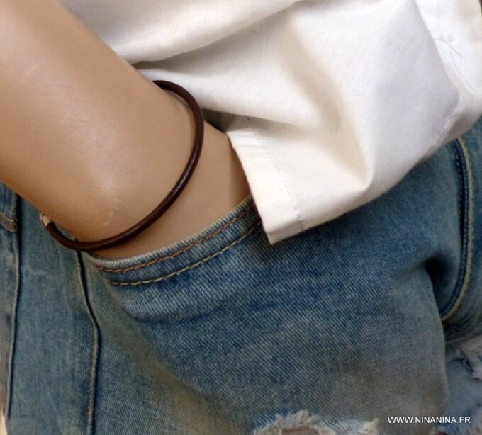 N1582 bracelet homme cordon cuir argent 925 massif - Bijoux Bracelets en ligne Ninanina