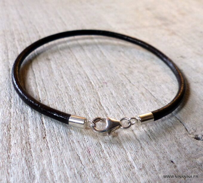 N1582a bracelet homme cordon cuir argent 925 massif - Bijoux Bracelets en ligne Ninanina