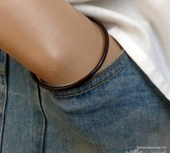 N1582c bracelet homme cordon cuir argent 925 massif - Bijoux Bracelets en ligne Ninanina