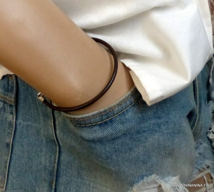 N1582g bracelet homme cordon cuir argent 925 massif - Bijoux Bracelets en ligne Ninanina