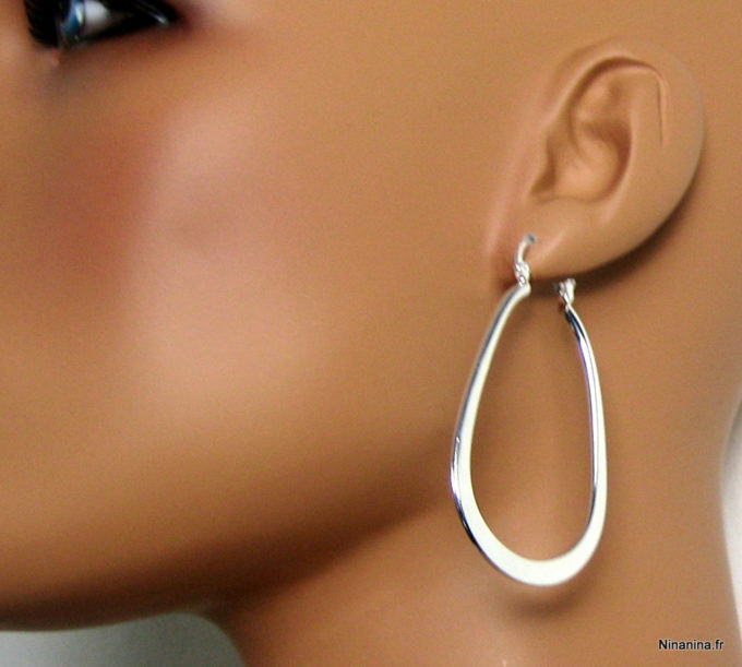 Boucles D’oreilles Créoles Ovales En Argent, Fermoir Clip, Occasion – Style élégant Rétro