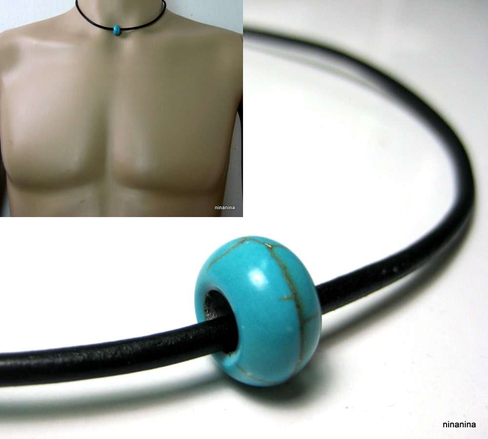 Collier homme cuir Acier inoxydable Howlite turquoise