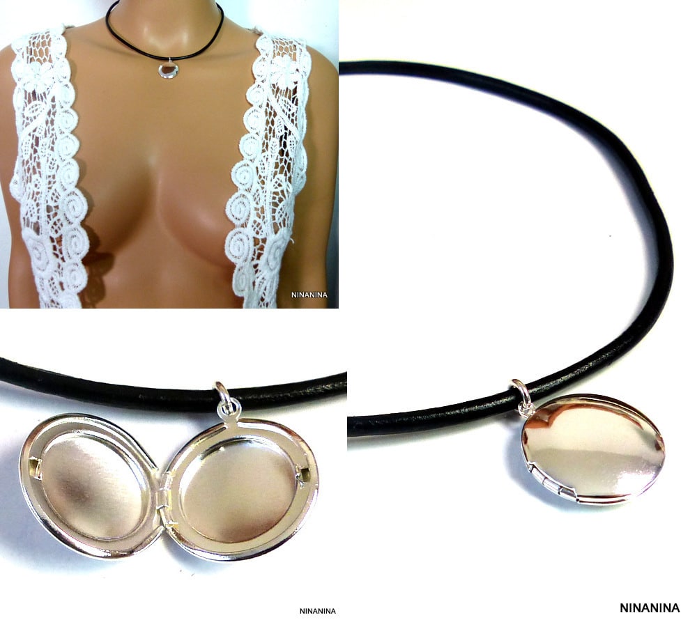 Collier Cordon Cuir porte photo Argent plaqué
