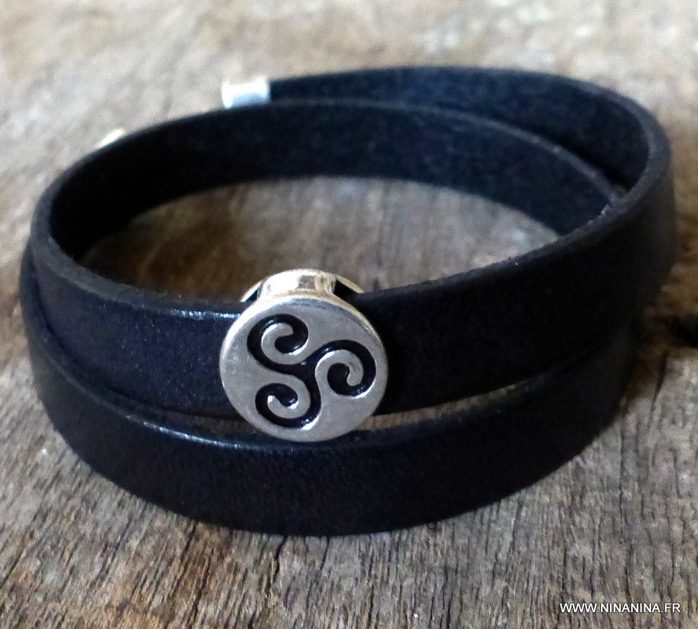Bracelet cuir 2 tours perle plate triskel – Image 2
