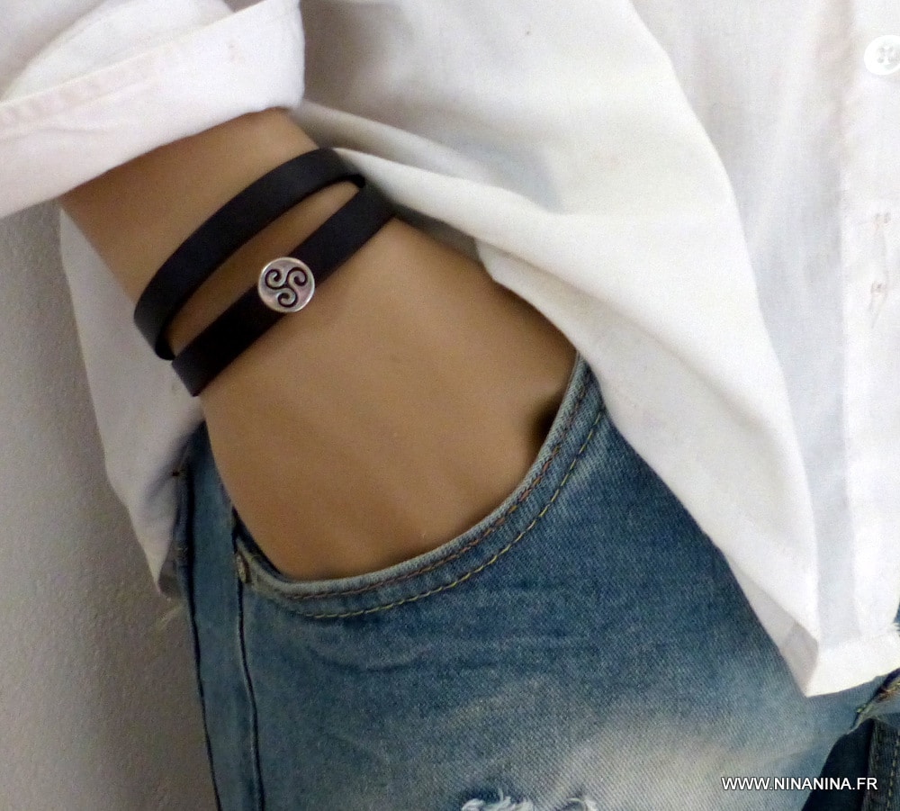 Bracelet cuir 2 tours perle plate triskel – Image 19