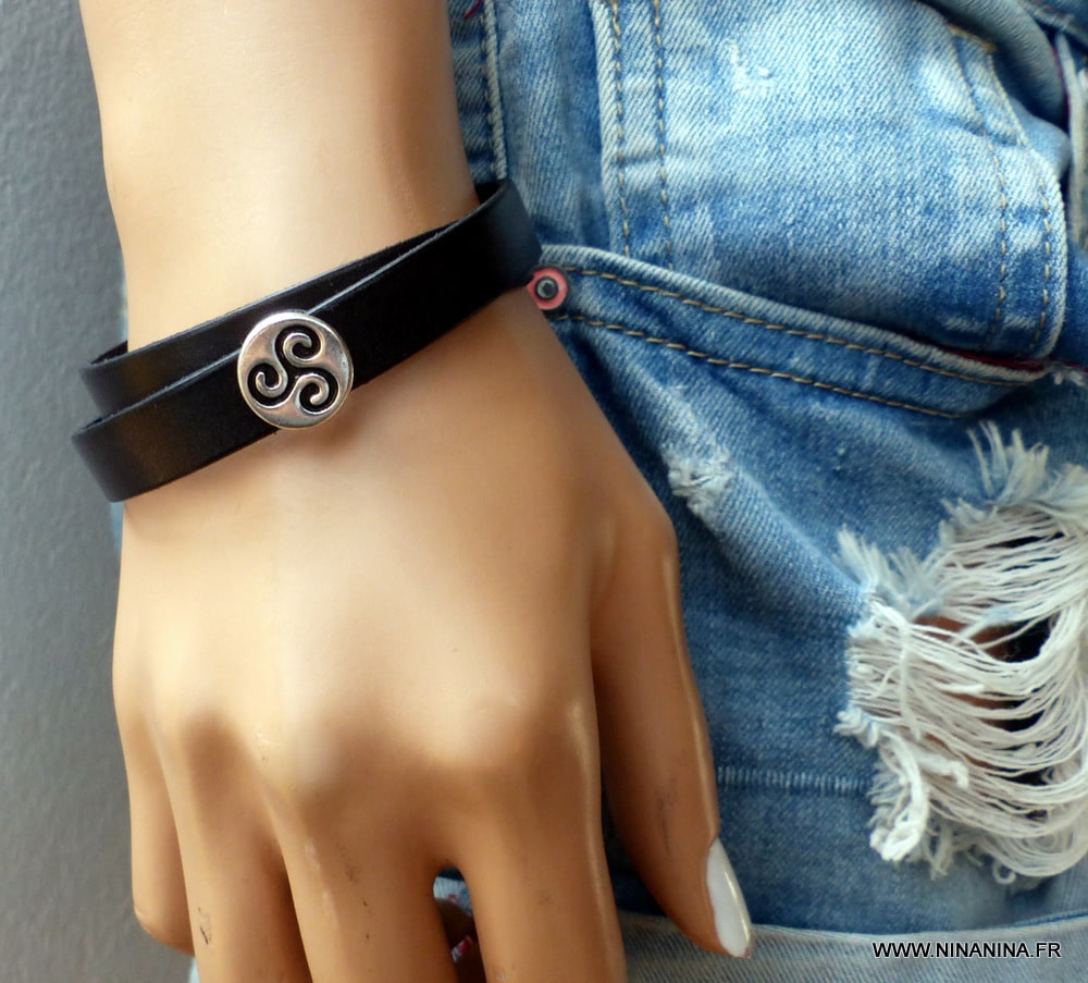 Bracelet cuir 2 tours perle plate triskel – Image 21