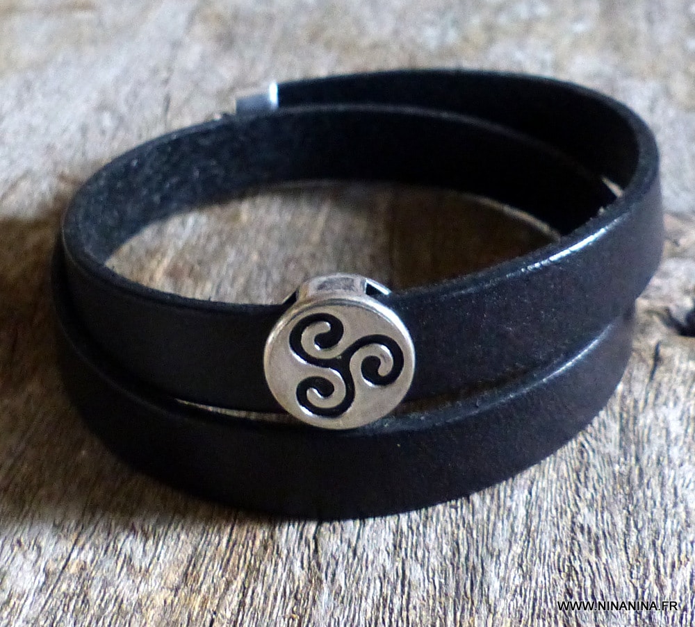 Bracelet cuir 2 tours perle plate triskel – Image 23