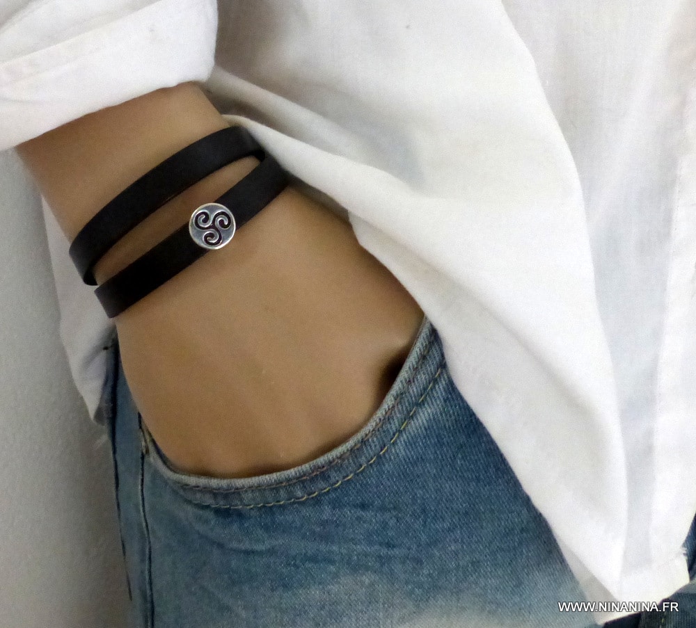 Bracelet cuir 2 tours perle plate triskel – Image 25