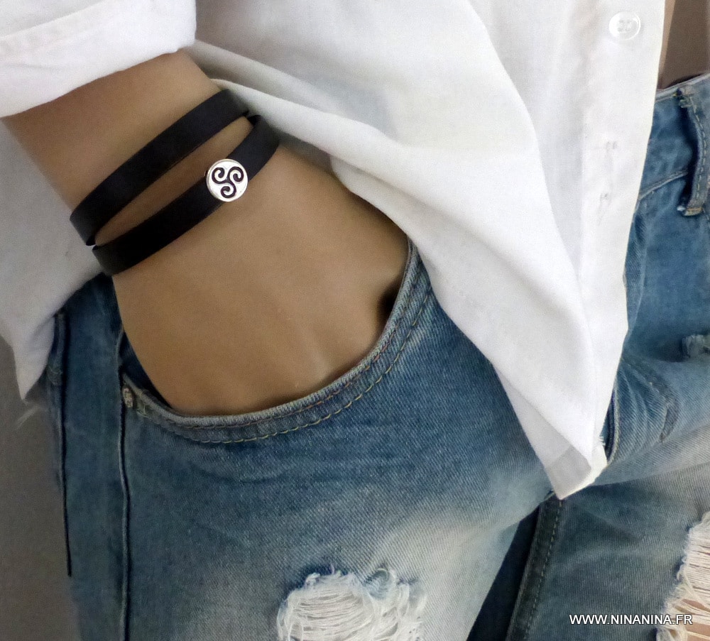 Bracelet cuir 2 tours perle plate triskel – Image 6
