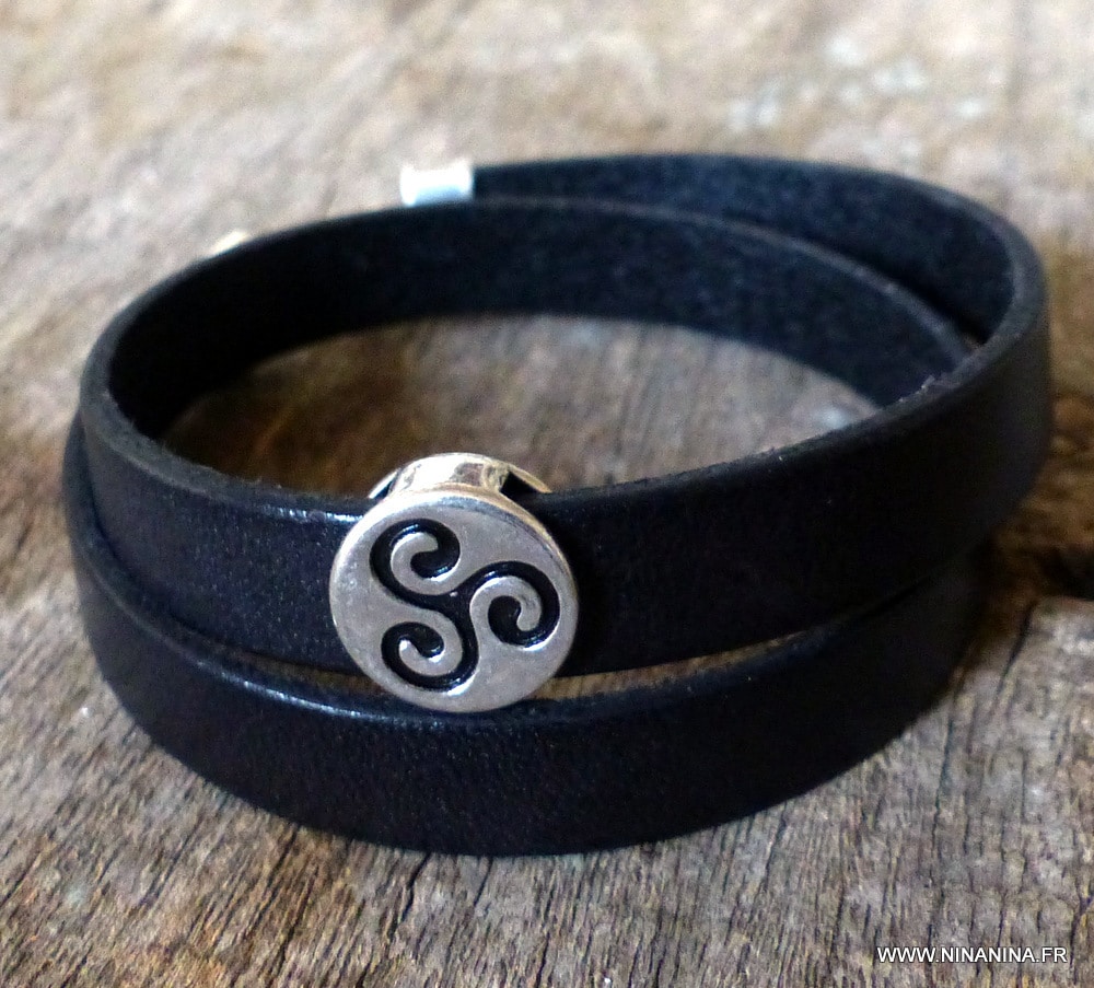 Bracelet cuir 2 tours perle plate triskel – Image 10