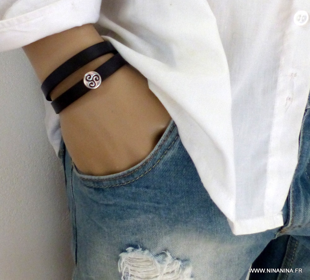 Bracelet cuir 2 tours perle plate triskel – Image 12