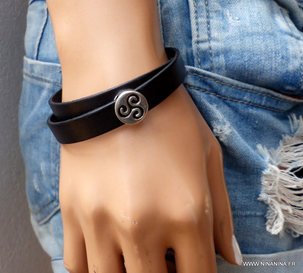 Bracelet cuir 2 tours perle plate triskel – Image 15