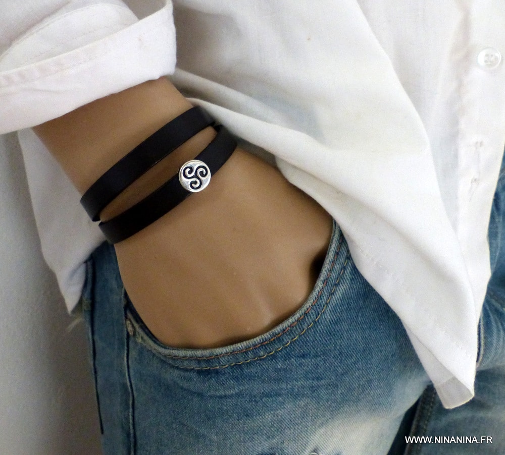 Bracelet cuir 2 tours perle plate triskel – Image 17