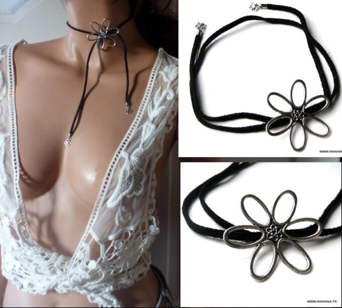 N1825d Collier cordon ras de cou femme grosse fleur argentée - Bijoux Colliers en ligne Ninanina