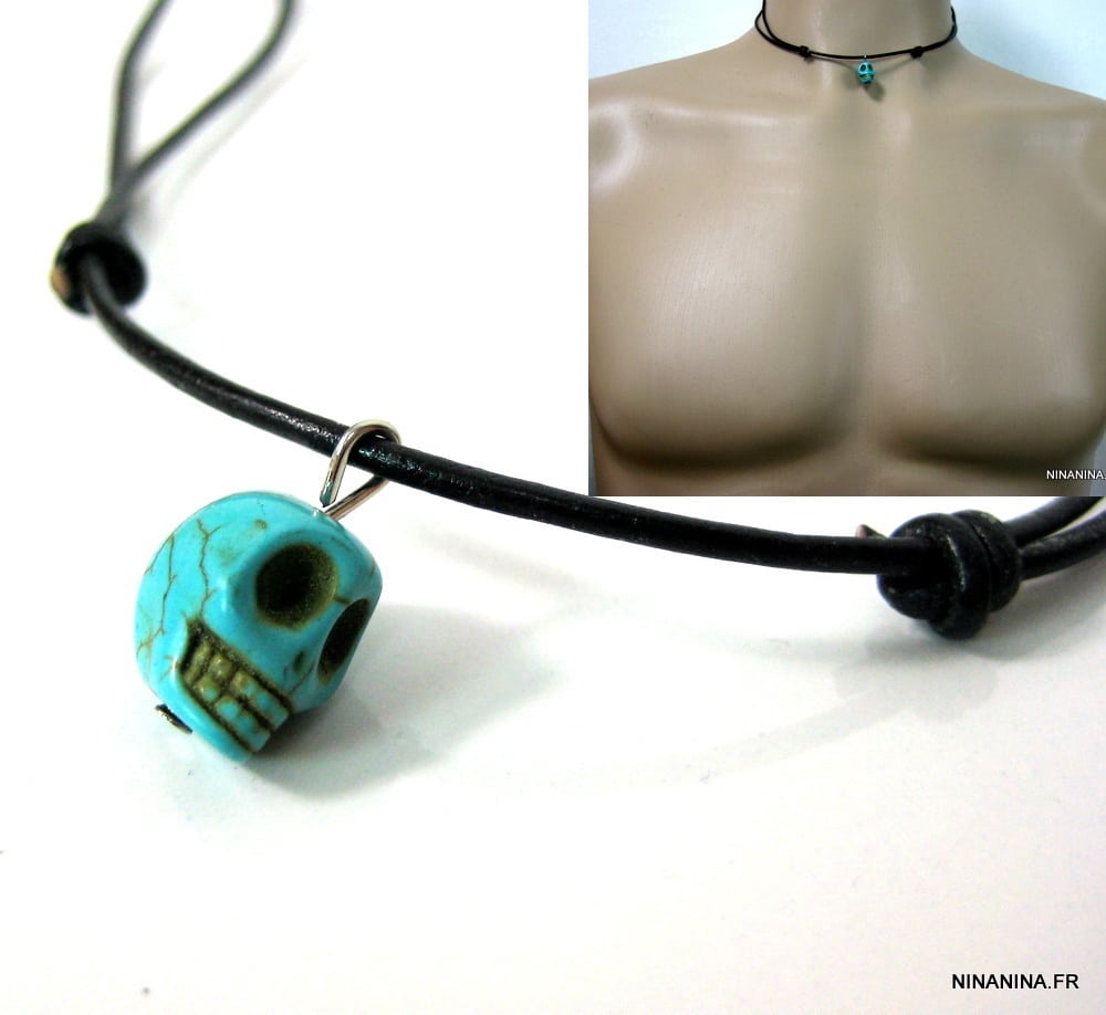 Collier tete de mort bleue turquoise cordon cuir réglable