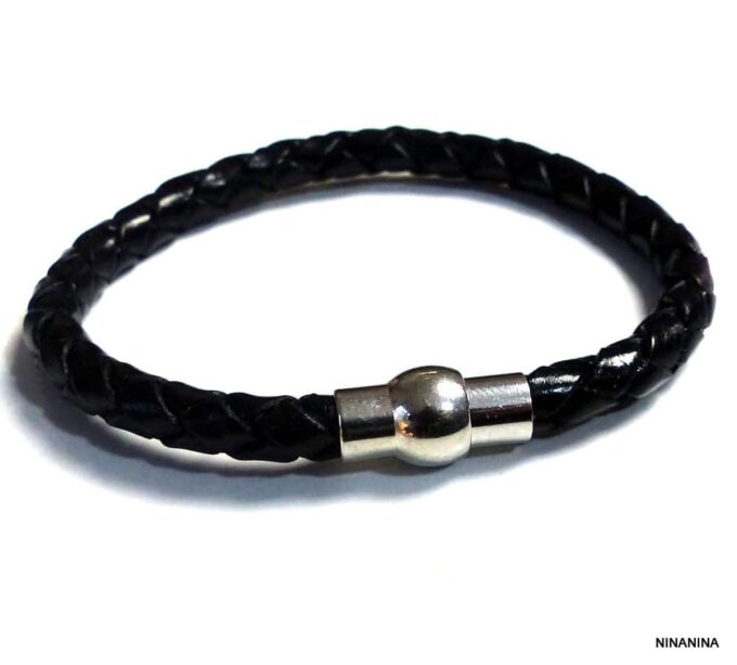 N2048_Bracelet_homme_cuir_tresse_fermoir_boule_acier_inoxydable