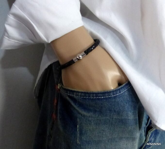 N2048a_Bracelet_homme_cuir_tresse_fermoir_boule_acier_inoxydable