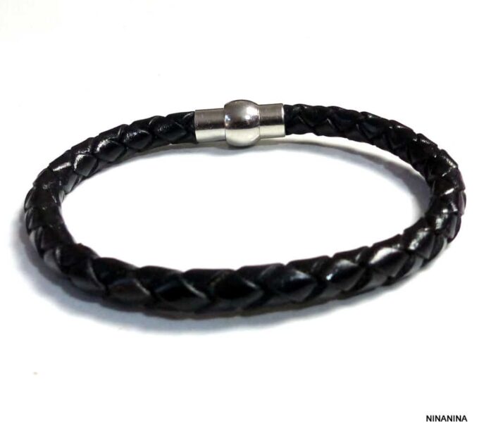 N2048b_Bracelet_homme_cuir_tresse_fermoir_boule_acier_inoxydable