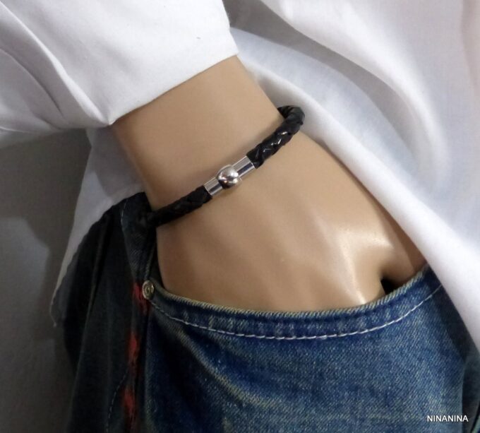 N2048c_Bracelet_homme_cuir_tresse_fermoir_boule_acier_inoxydable