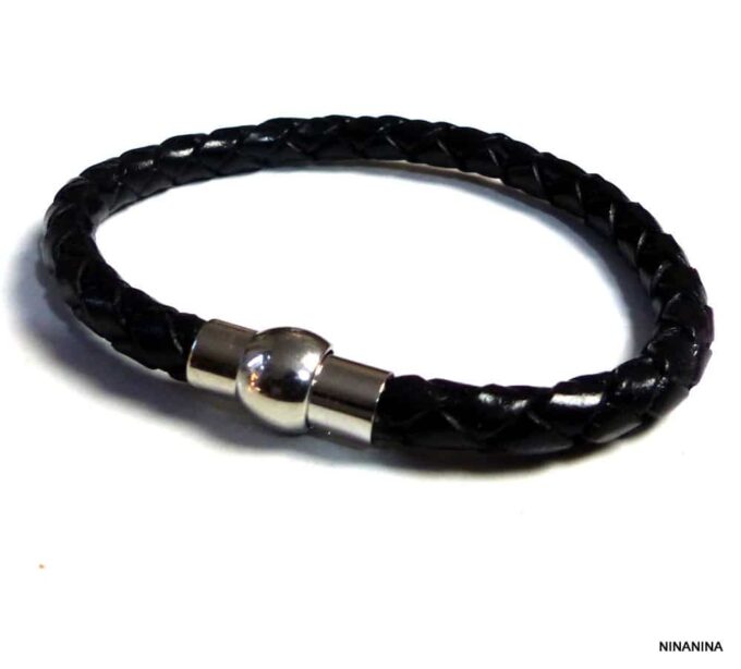 N2048d_Bracelet_homme_cuir_tresse_fermoir_boule_acier_inoxydable