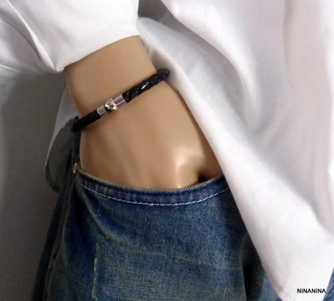 N2048e_Bracelet_homme_cuir_tresse_fermoir_boule_acier_inoxydable