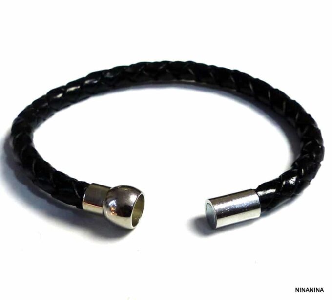 N2048g_Bracelet_homme_cuir_tresse_fermoir_boule_acier_inoxydable