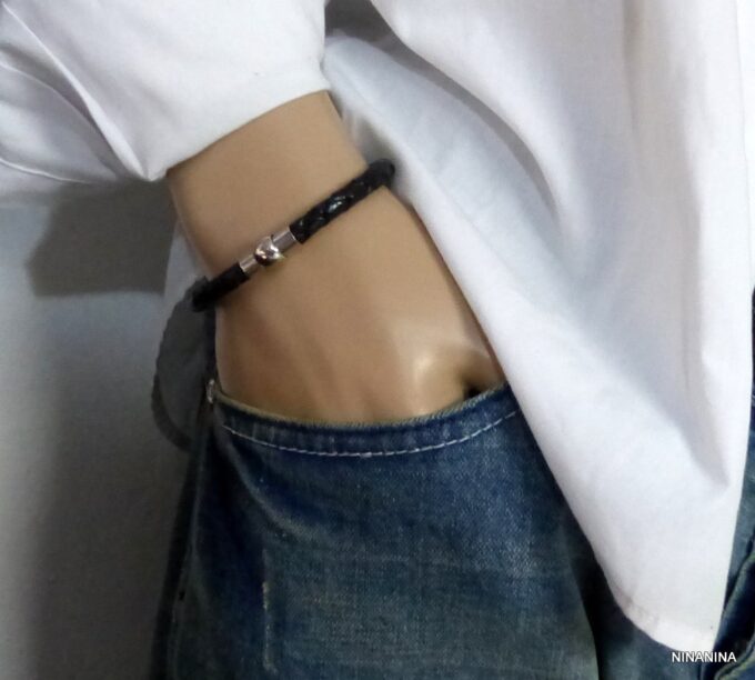 N2048h_Bracelet_homme_cuir_tresse_fermoir_boule_acier_inoxydable