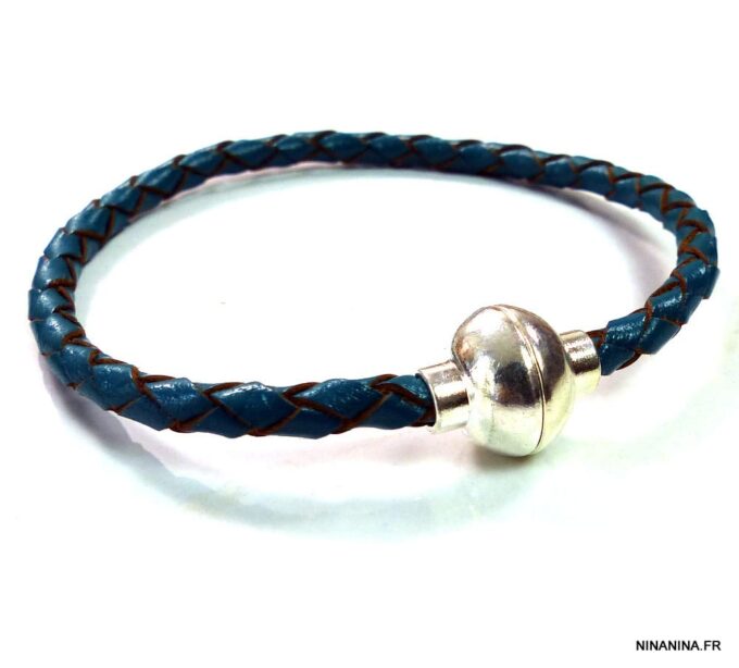 N2057terj_bracelet_cuir_tresse_turquoise_boule_metal_argent