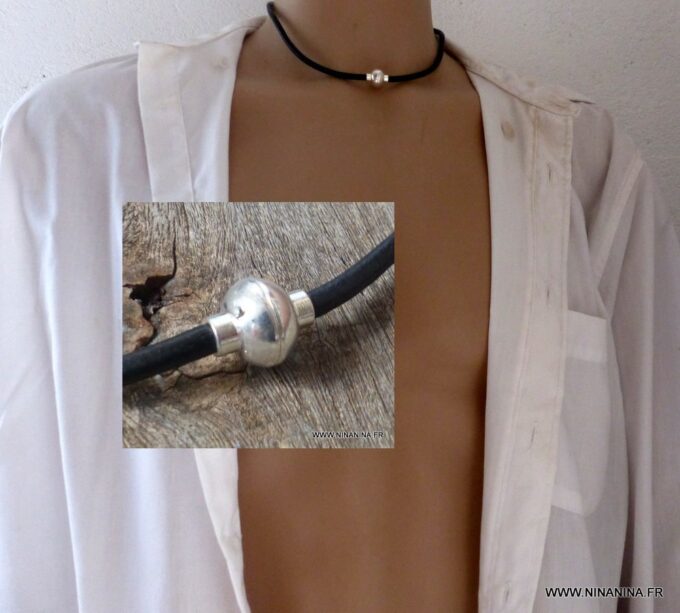 N2062a_Collier_homme_cordon_cuir_fermoir_boule_aimante_metal_argente_-_Bijoux_Colliers_en_ligne_Ninanina