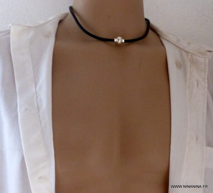 N2062c_Collier_homme_cordon_cuir_fermoir_boule_aimante_metal_argente_-_Bijoux_Colliers_en_ligne_Ninanina
