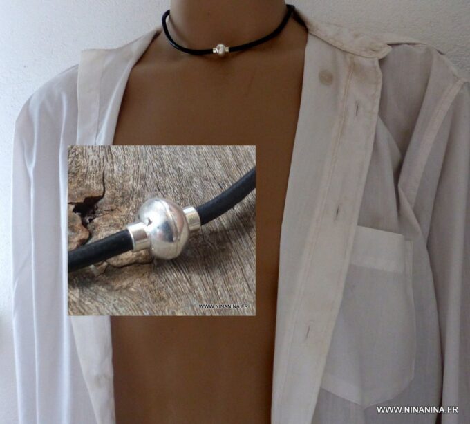 N2062e_Collier_homme_cordon_cuir_fermoir_boule_aimante_metal_argente_-_Bijoux_Colliers_en_ligne_Ninanina