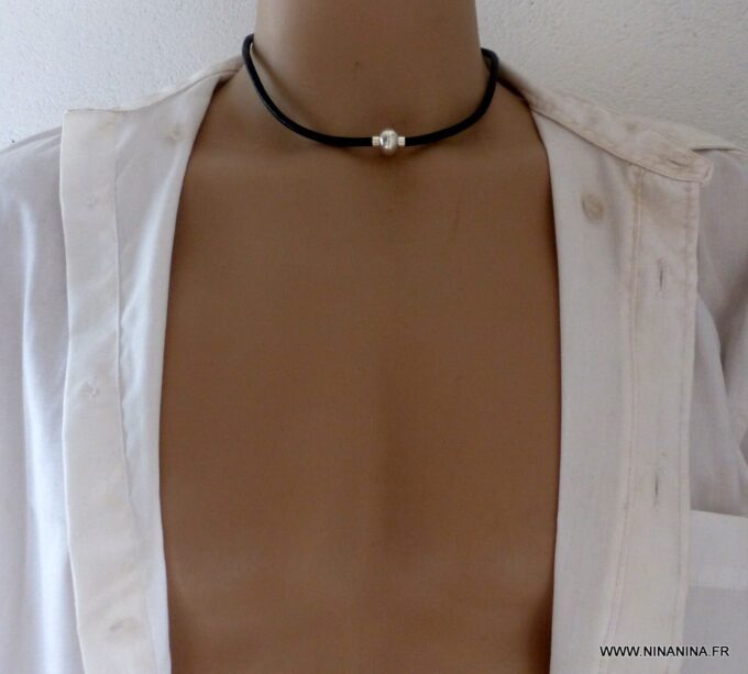 N2062f_Collier_homme_cordon_cuir_fermoir_boule_aimante_metal_argente_-_Bijoux_Colliers_en_ligne_Ninanina