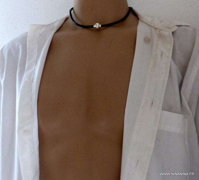 N2062h_Collier_homme_cordon_cuir_fermoir_boule_aimante_metal_argente_-_Bijoux_Colliers_en_ligne_Ninanina