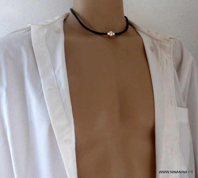 N2062i_Collier_homme_cordon_cuir_fermoir_boule_aimante_metal_argente_-_Bijoux_Colliers_en_ligne_Ninanina