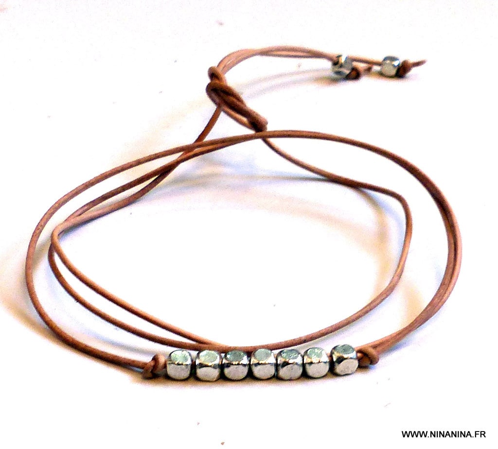 Bracelet wrap cordon cuir perles carrées – Image 2