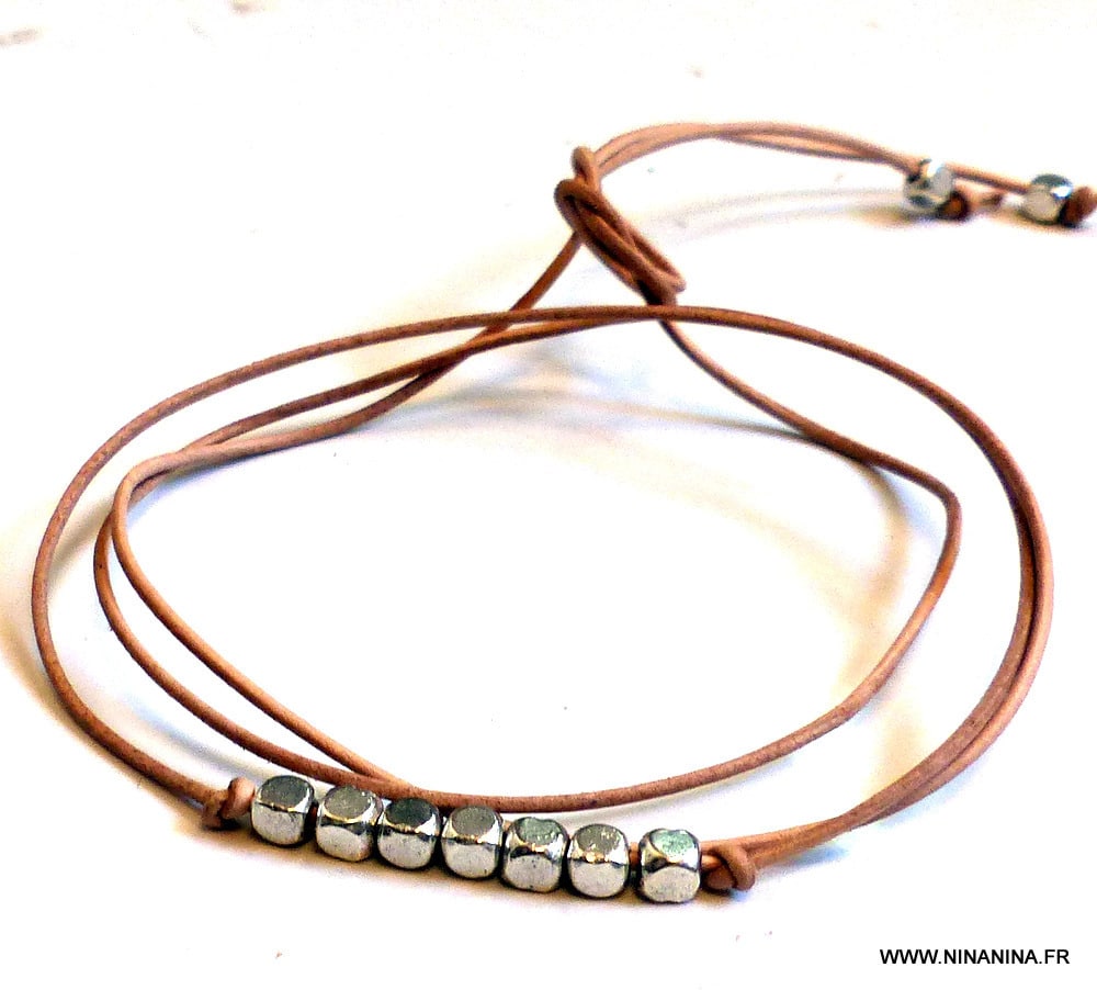 Bracelet wrap cordon cuir perles carrées – Image 30