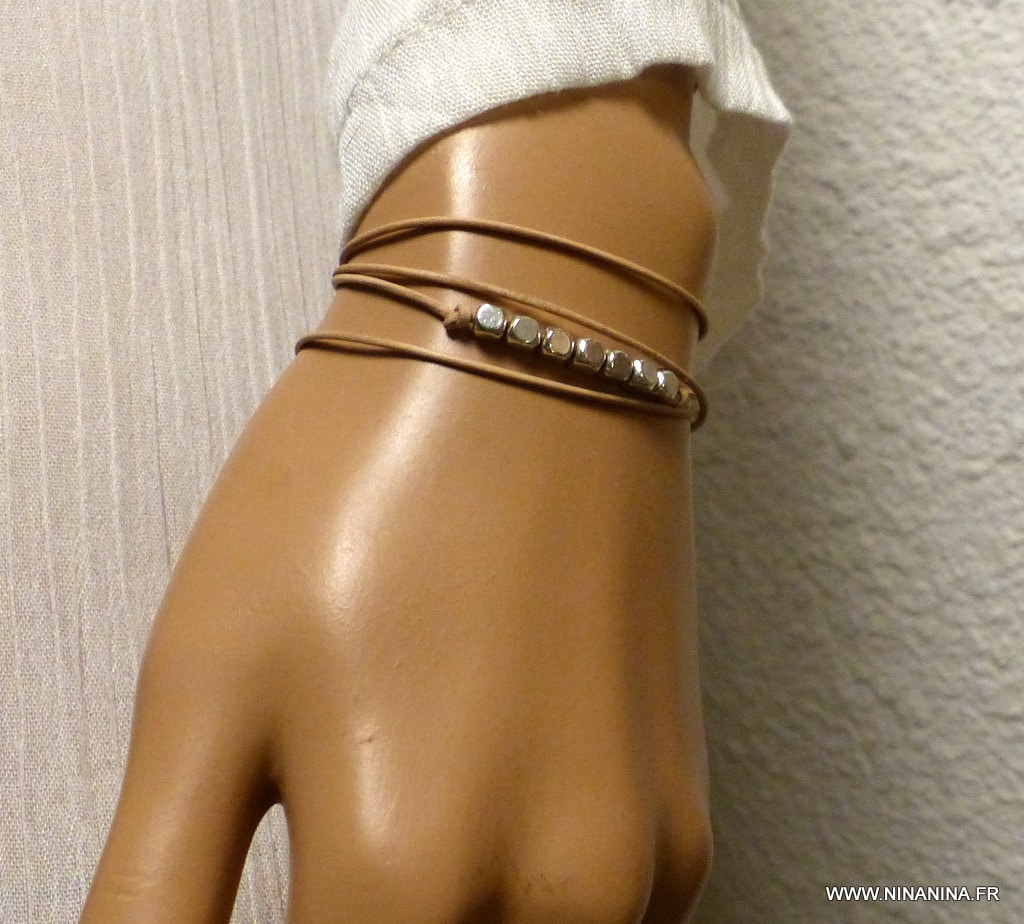 Bracelet wrap cordon cuir perles carrées – Image 34