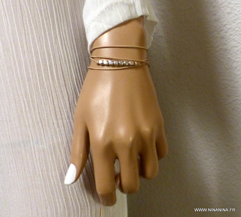 Bracelet wrap cordon cuir perles carrées – Image 15