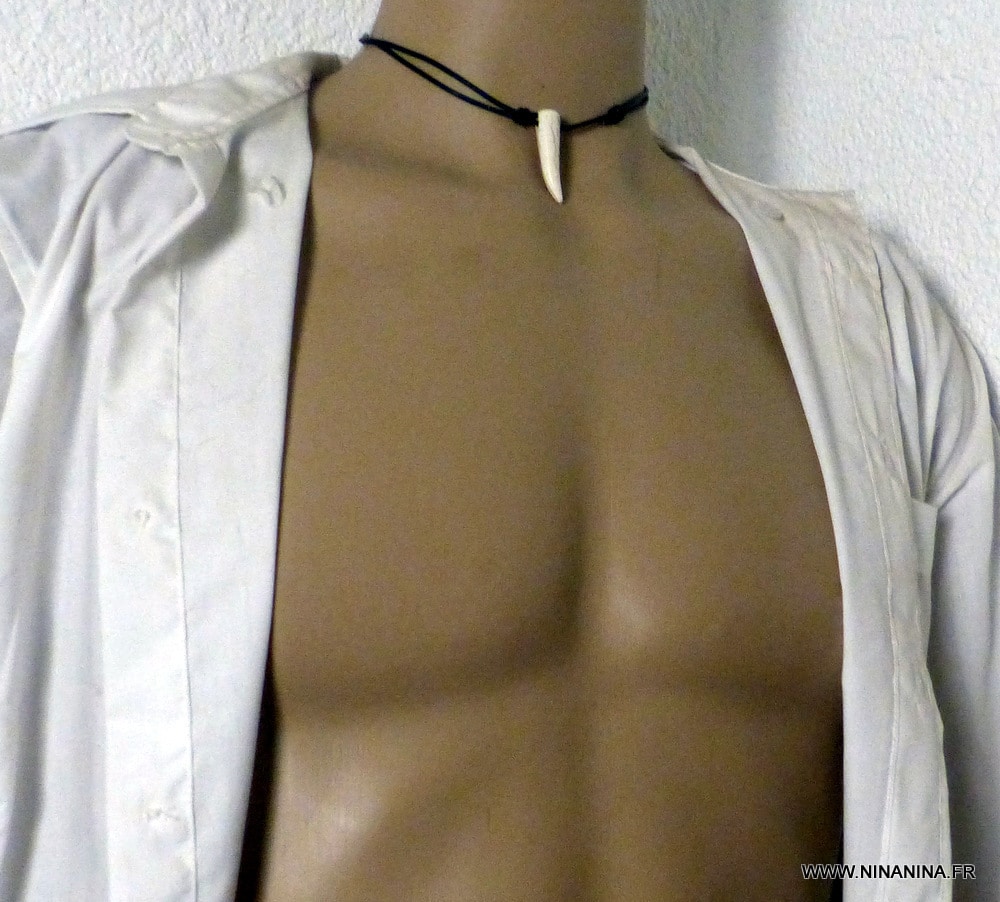 Collier homme cordon cuir reglable dent de tigre blanche – Image 13