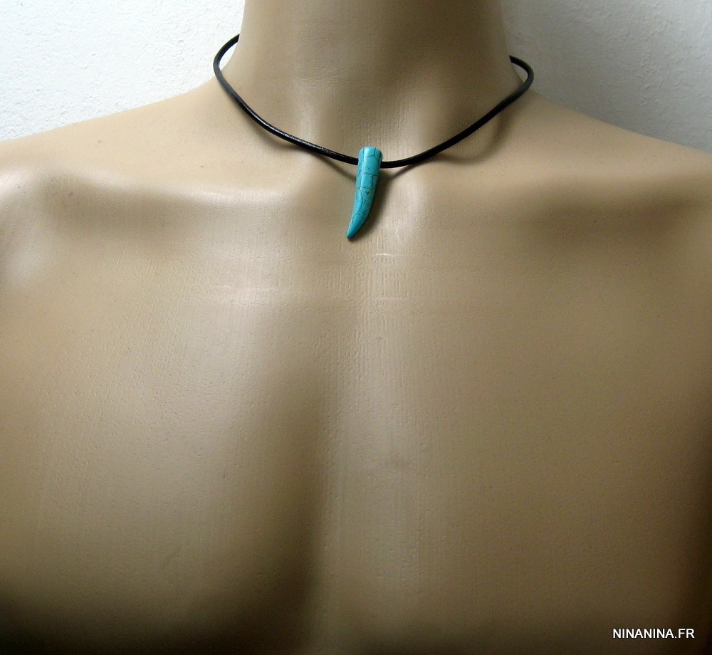 Collier homme cordon cuir reglable dent de tigre blanche – Image 6