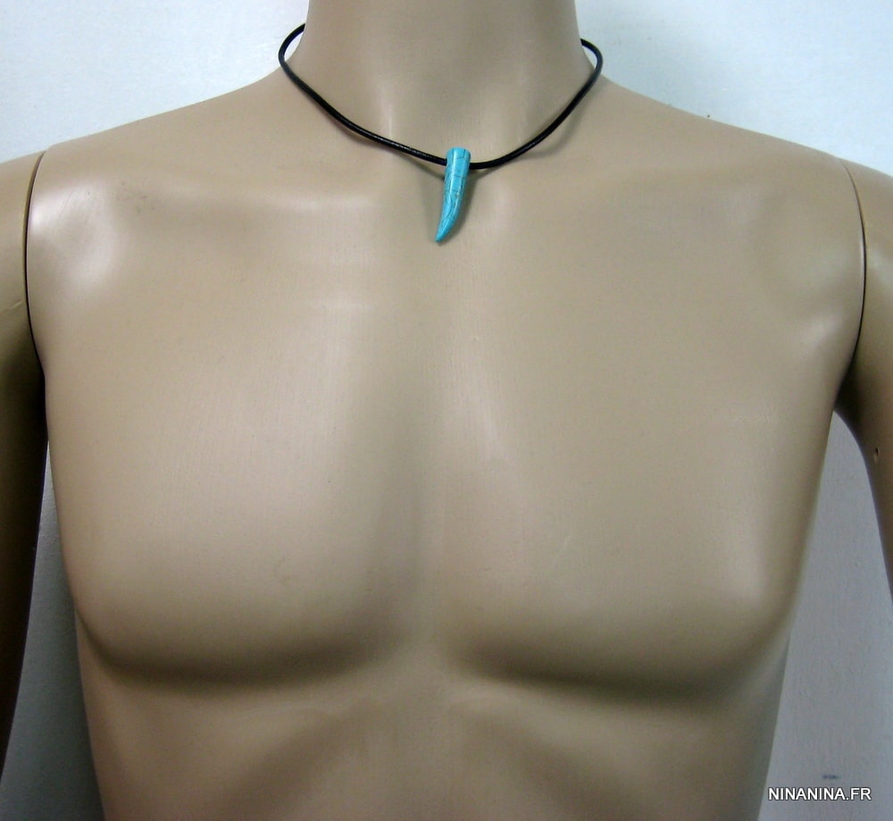 Collier homme cordon cuir reglable dent de tigre blanche – Image 7