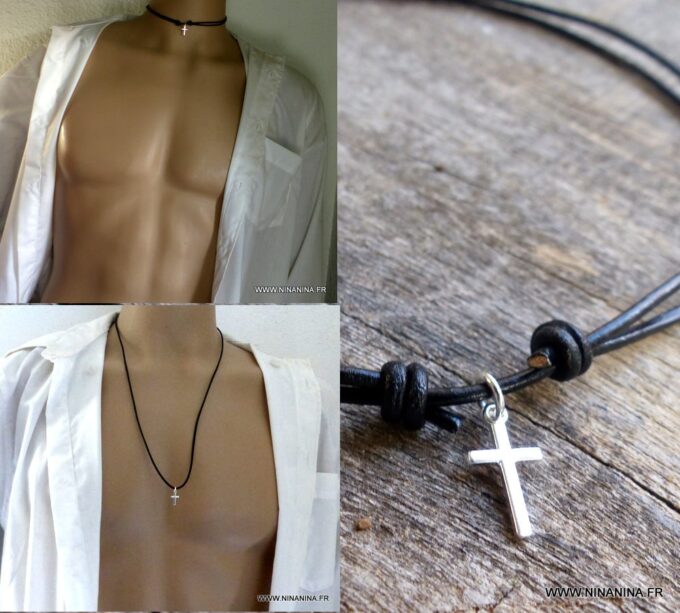 N2089_Collier_homme_cordon_cuir_croix_argent_925_massif_NINANINA