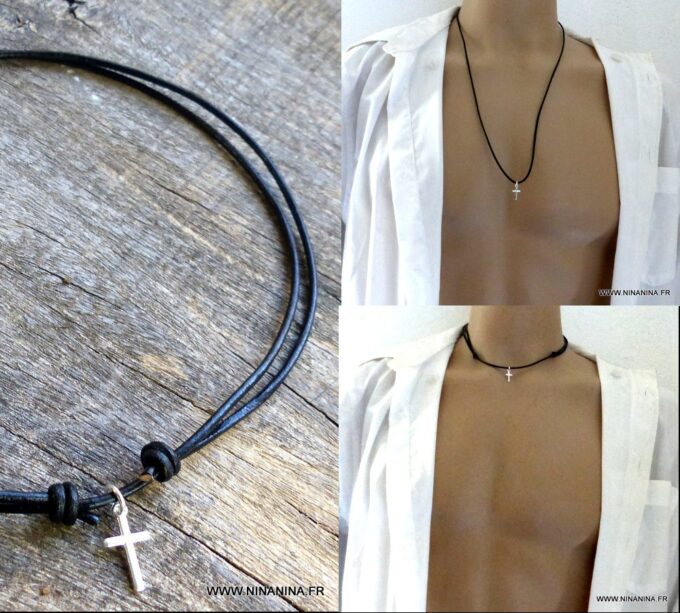 N2089a_Collier_homme_cordon_cuir_croix_argent_925_massif_-_Bijoux_Colliers_en_ligne_NNINANINA
