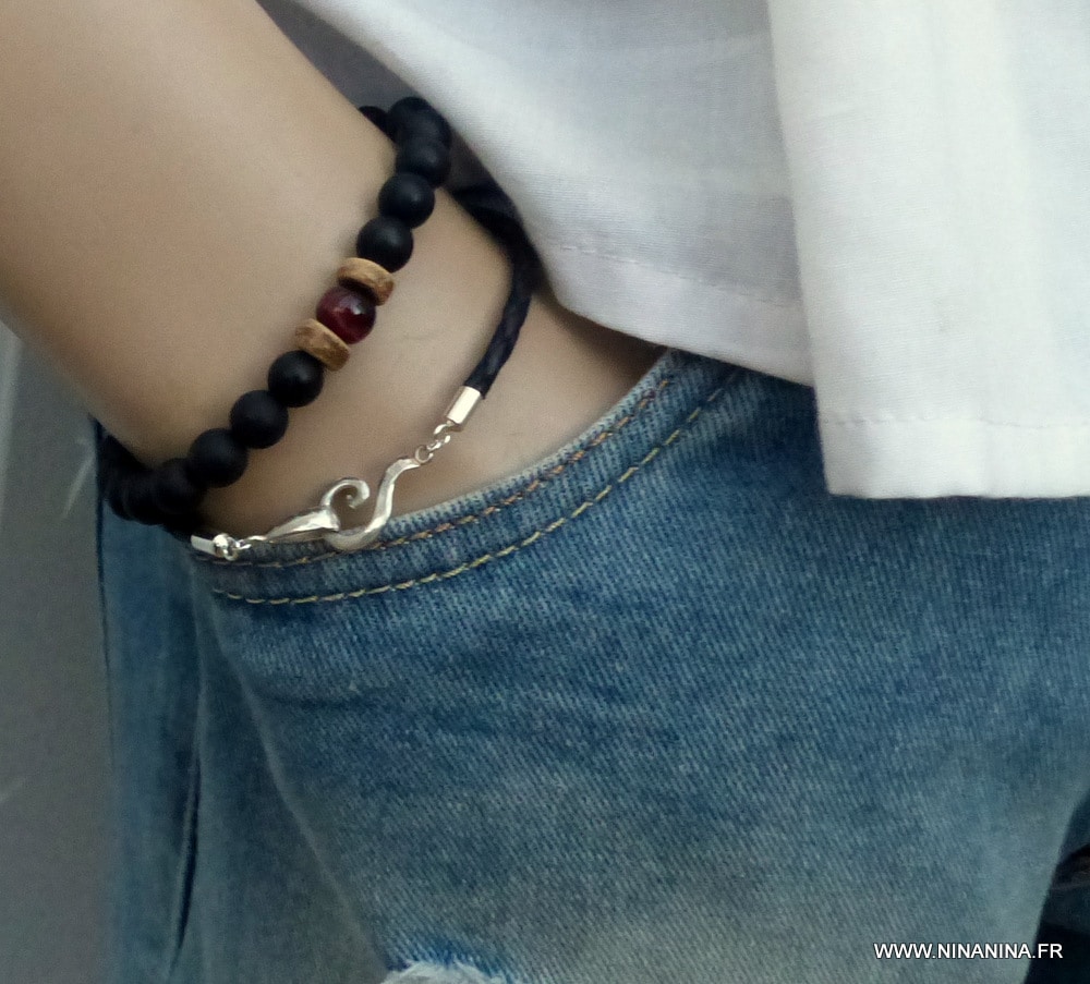 Bracelet cordon cuir 2 tours Argent 925 massif – Image 4