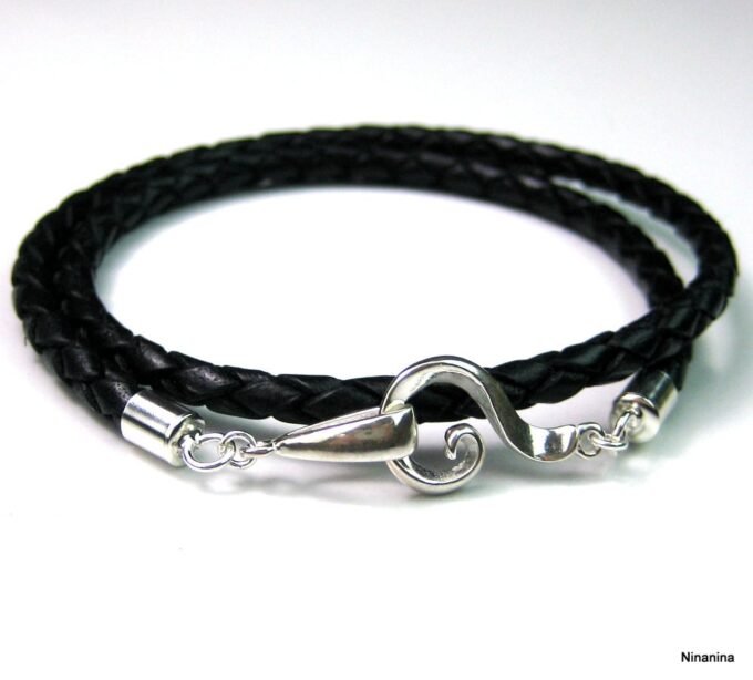N2110terc_bracelet_cuir_tresse_et_fermoir_crochet_argent_massif