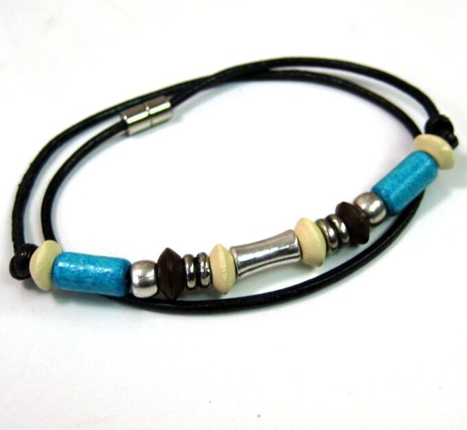 N2163terb_bracelet_cordon_cuir_perles_bois_turquoises