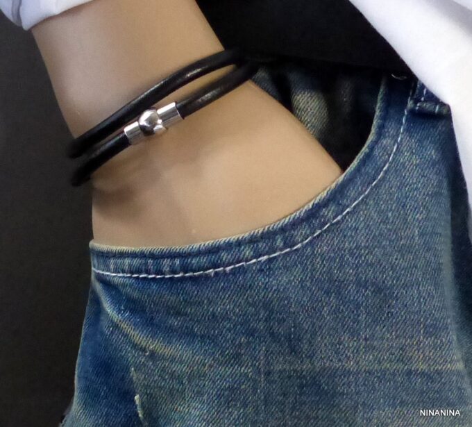 N2172terb_Bracelet_homme_cuir_2_tours_fermoir_boule_aimante