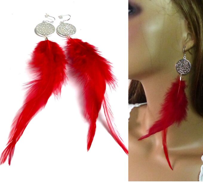 N2174ter_Boucles_doreilles_femme_plaque_argent_plumes_rouges-1